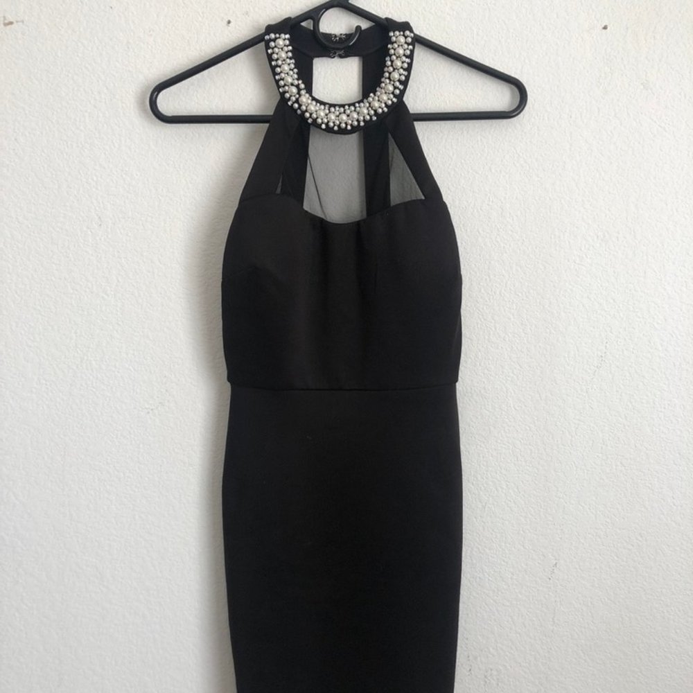 Black Mini Dress with Pearl Neckline